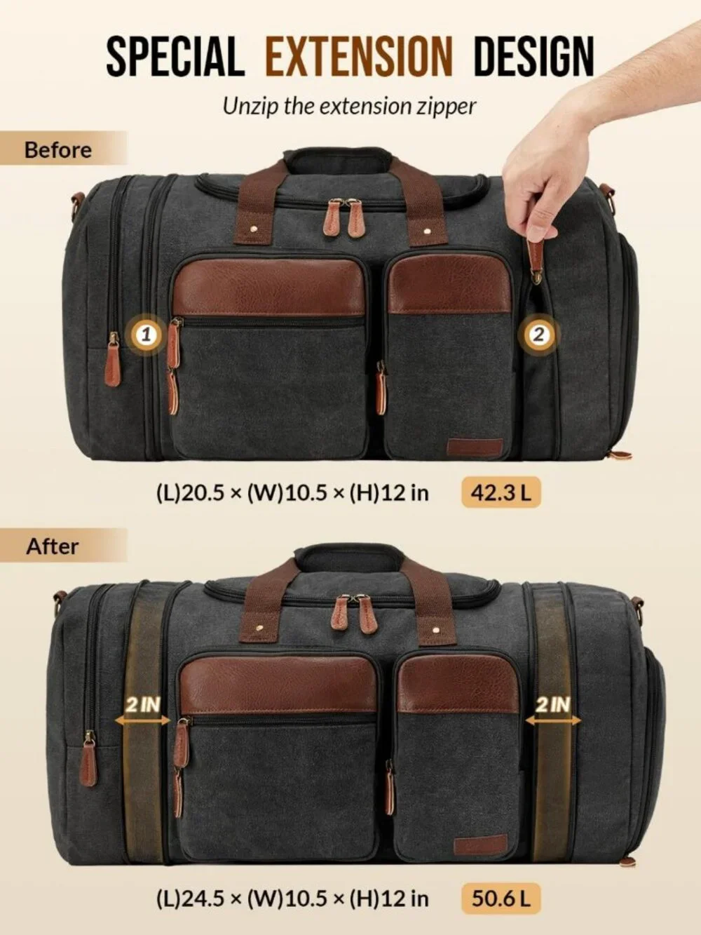 Expandable 50L Canvas Duffle Bag for Travel, Gym, Weekend & Overnight - Dark